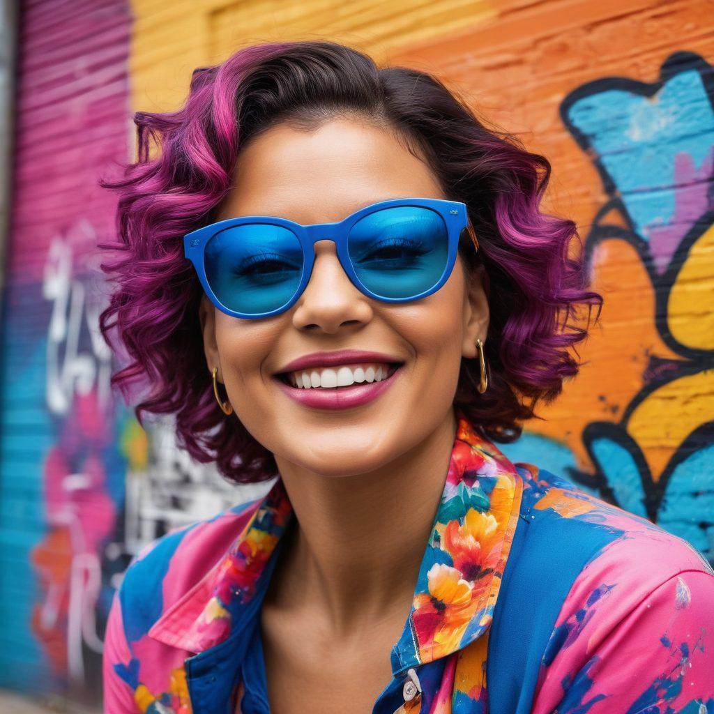 A vibrant, empowering scene featuring a diverse group of cancer warriors wearing stylish eyewear, confidently posing together against a backdrop of colorful graffiti that symbolizes strength and resilience. Include elements like smiley faces, bright florals, and uplifting quotes subtly integrated into the design. The eyewear should be unique and bold, showcasing different styles and colors. Ensure the atmosphere is one of celebration and empowerment. vibrant colors. street art style. dynamic composition.