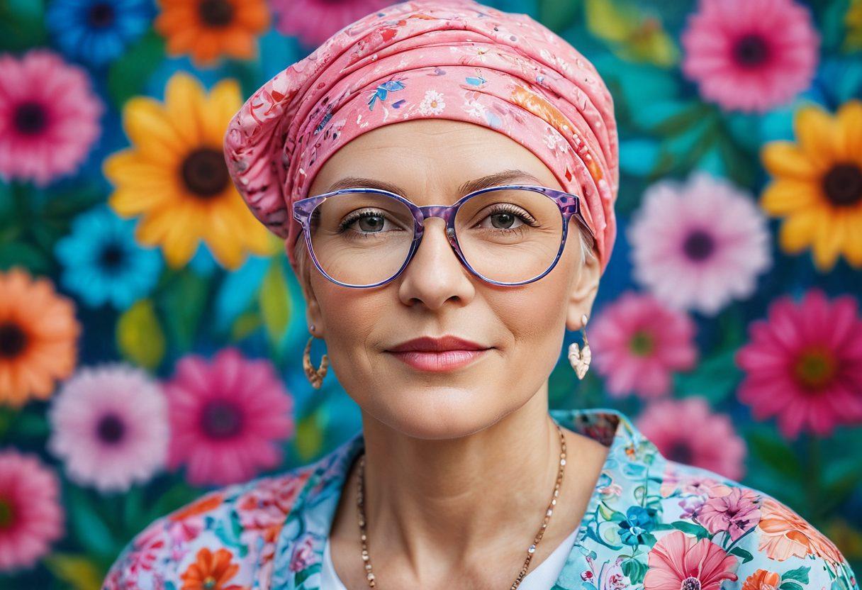 A powerful portrait of a confident cancer survivor wearing stylish eyewear, surrounded by vibrant floral motifs symbolizing strength and resilience. The background should feature subtle hints of supportive messages in soft pastels, portraying a sense of community and empowerment. Capture the essence of hope and fashion in this uplifting composition. super-realistic. vibrant colors. soft focus.